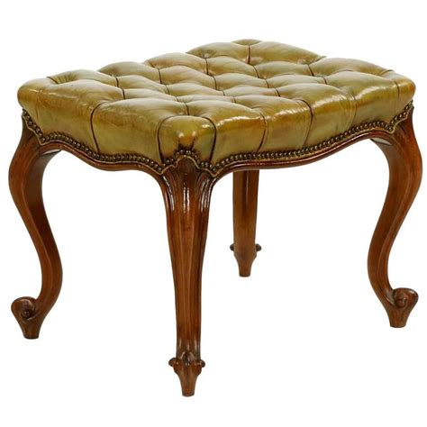 French Rococo Green Tufted Leather Antique Footstool Ottoman At 1stDibs