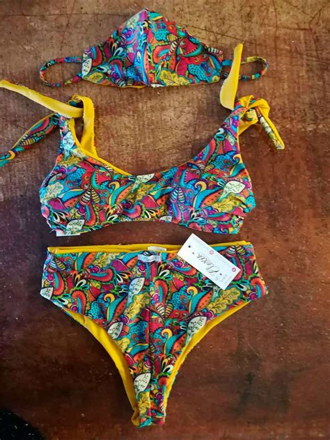 Beach Fashion S Answer To Coronavirus Trikini Colorful Face Mask Bikini Set