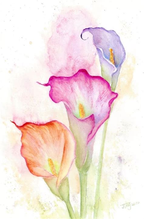 Three Pink And Purple Flowers Are In Watercolor On Paper With The