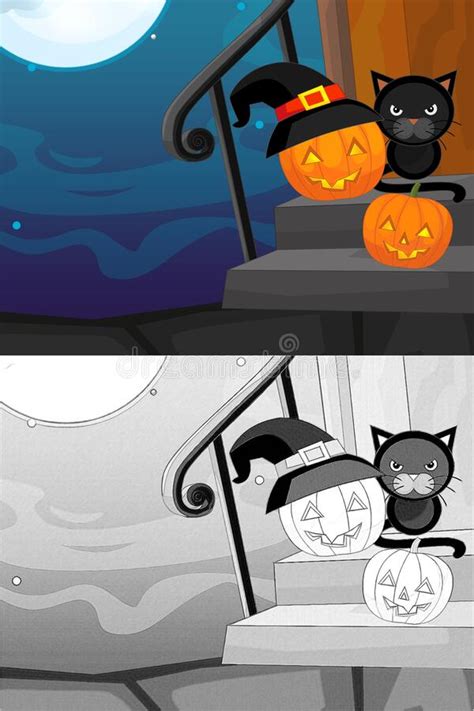 Cartoon Halloween Scene with Sketch Illustration Stock Illustration ...