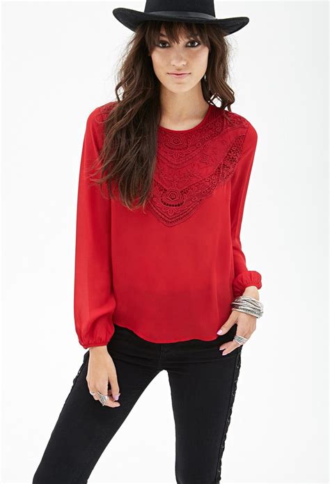 Floral Lace Paneled Chiffon Top Chiffon Tops Red Long Sleeve Tops Red Chiffon Tops