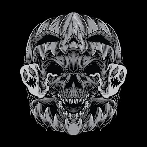 Premium Vector Dark Skull Inside A Pumpkin With Double Ghost In Black