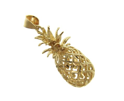 Solid 14k Yellow Gold 3d Hawaiian Diamond Cut Pineapple Charm Pendant