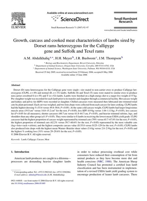 Pdf Callipyge Gene Effects On Lamb Growth Carcass Traits Muscle