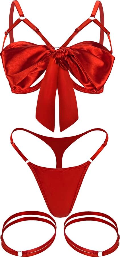 Popiv Valentines Lingerie For Women Sexy Satin Ribbon Bra And Panty