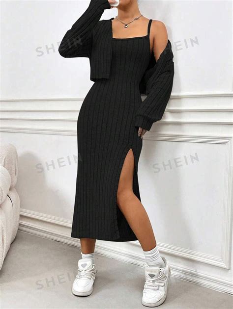 SHEIN MOOSTA Vestido Y Abrigo Con Tirantes De Espagueti Simple Y Casual