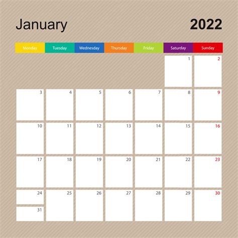 Calendar Page For January 2022 Wall Planner With Colorful Design Week