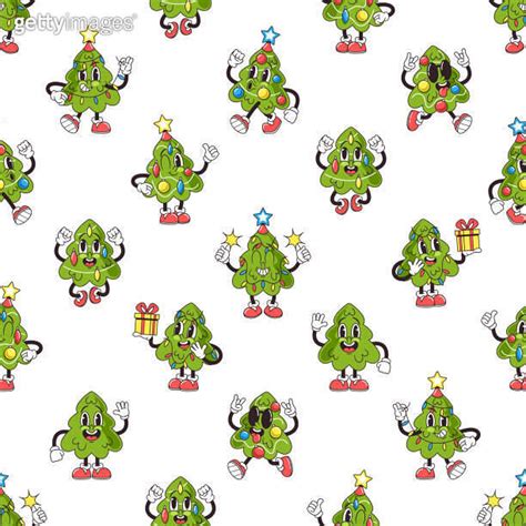 Groovy Christmas Tree Characters Dancing In A Seamless Pattern