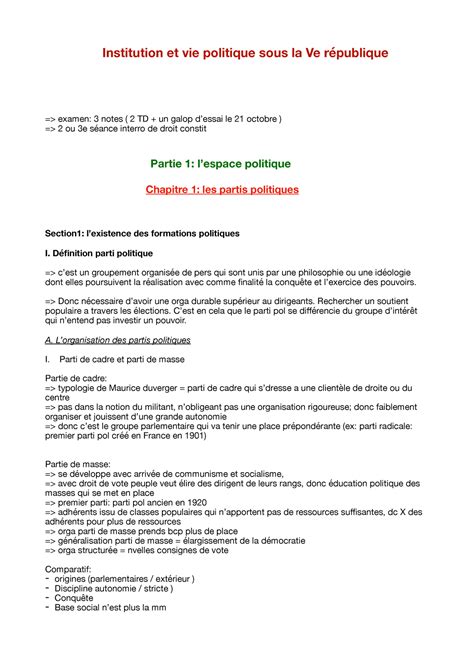 Institution Et Vie Pol Cm Institution Et Vie Politique Sous La Ve