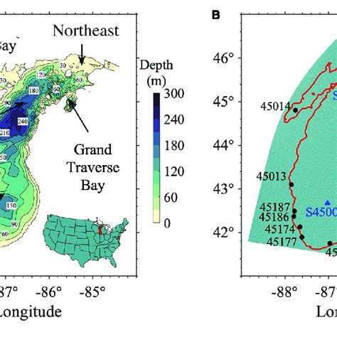 | (A) Bathymetry and location of Lake Michigan in the United States ...