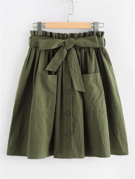 Shein Paperbag Waist Pocket Front Buttoned Utility Skirt Skirts