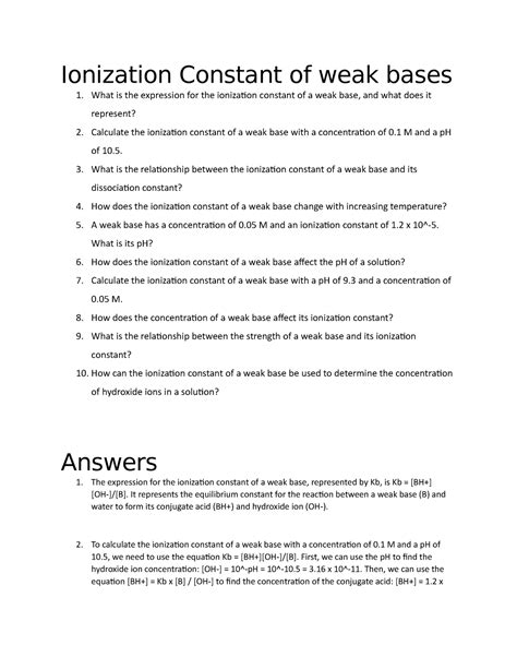 Ionization Constant Of Weak Bases What Is The Expression For The