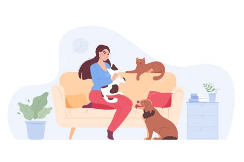 Happy Cartoon Woman Playing With Pets On Sofa At Home Room Symbol