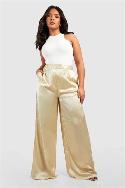 Sand Plus Satin Wide Leg Trousers Boohoo Uk