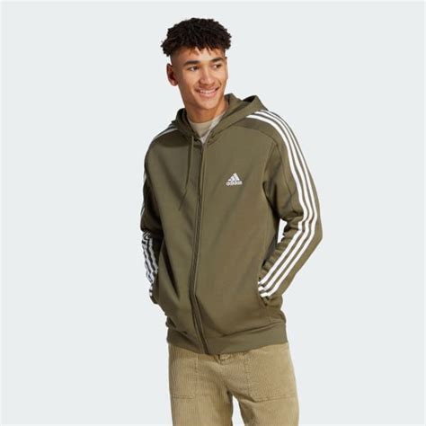 Adidas Essentials Fleece 3 Stripes Full Zip Hoodie Green Adidas