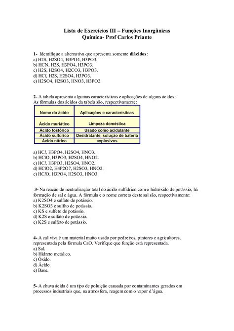 Questões Sobre Funções Inorgânicas - Lista de exercícios III Funções Inorgânicas | PDF