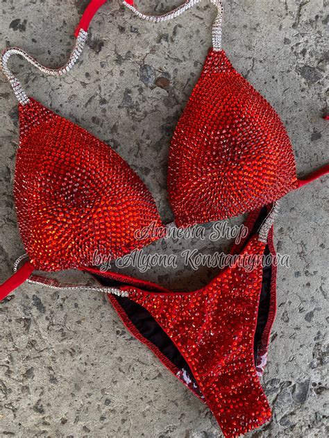Red Competition Bikini Set Rhinestone Fitness Npc Bikini Etsy