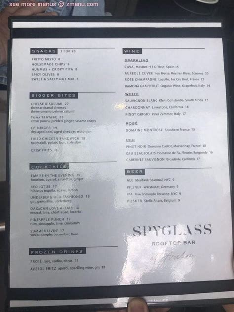 Online Menu of Spyglass Rooftop Bar Restaurant, New York, New York ...