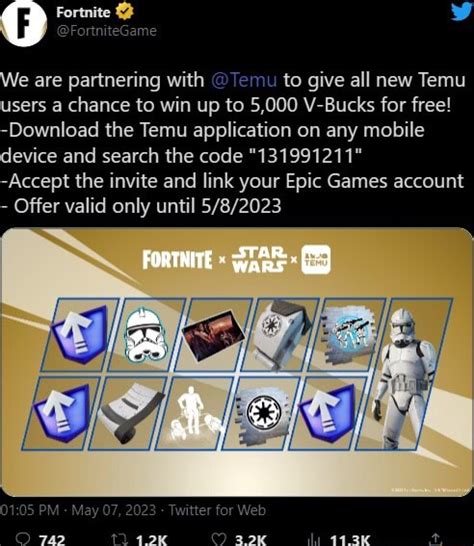 Fortnite fe are partnering with @Temu to give all new Temu users a ...