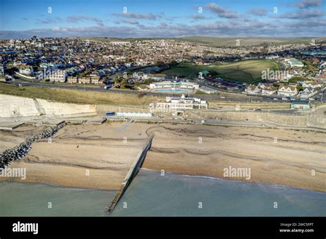 Aerial view along Saltdean seafront in East Sussex with the Saltdean ...