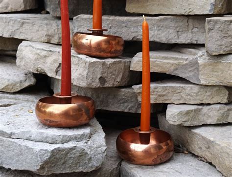 Rustic Round Copper Candle Holder Set Set Of 3 Copper Craft Guild