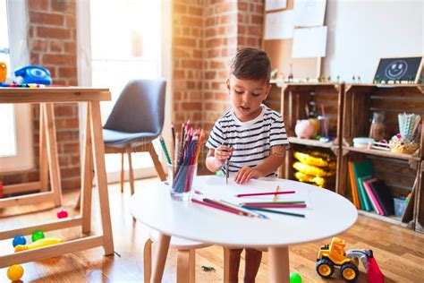 Beautiful Toddler Boy Drawing Cute Draw Using Colored Pencils At