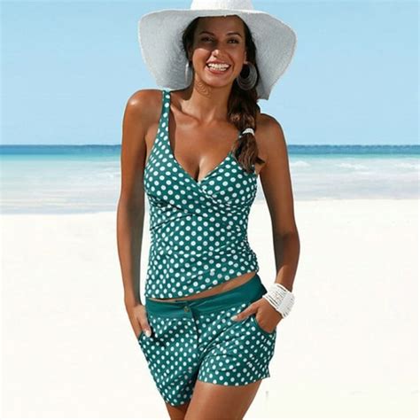 Dam Tankini Push Up Bikini Baddr Kt Vadderad Baddr Kt Green Polka Dots