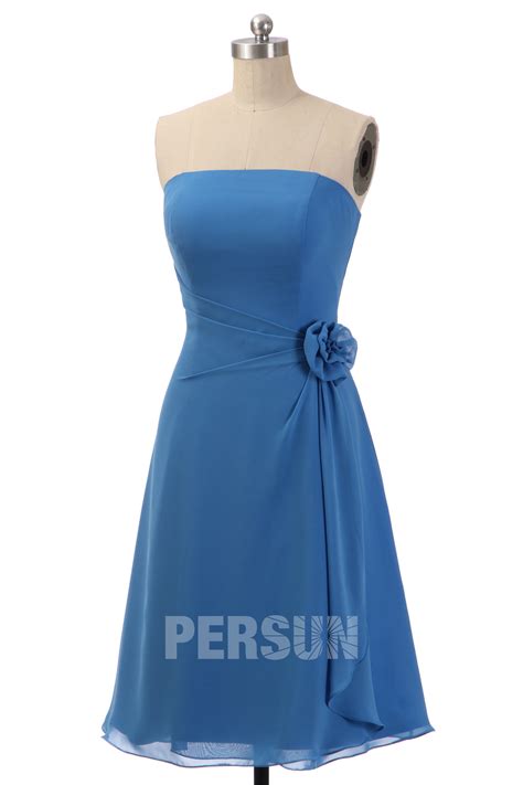 Robe Demoiselle D Honneur Bleu Bustier Droit Orn De Fleur Faite Main