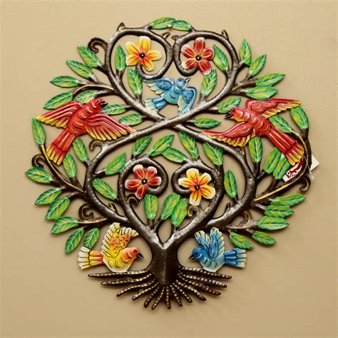 Colorful Haitian Cut Metal Wall Art Of Tree Of Life With Birds And