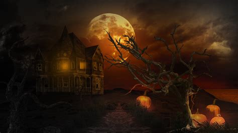 Halloween Creepy Trees Pumpkin House Moon Dark Artwork