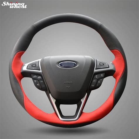 Shining Wheat Hand Stitched Black Red Leather Steering Wheel Cover For