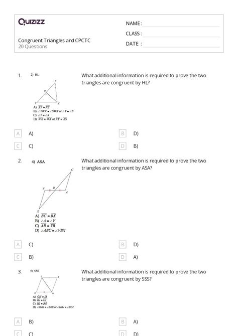 50 Congruent Triangles Sss Sas And Asa Worksheets On Quizizz Free And Printable