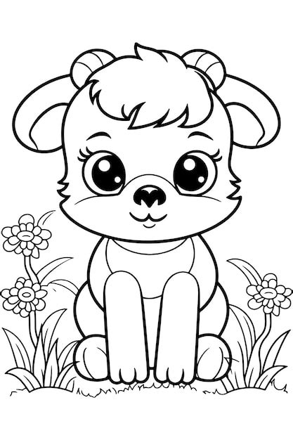 Coloriage Un Chien Assis Dans Un Champ De Fleurs Vecteur Premium