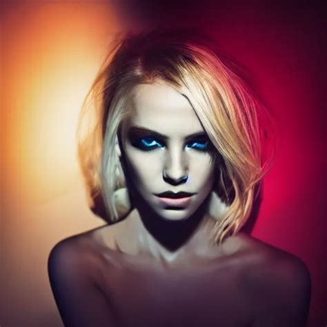 A Blonde Model With Glowing Eyes Bright On Dark Stable Diffusion