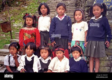 Group Of Primary School Children Girls And Boys Near Chomrong On