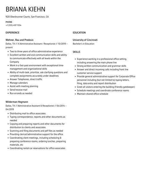 Administrative Assistant Receptionist Resume Samples Velvet Jobs