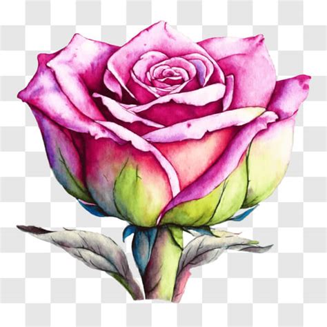 Download Watercolor Painting Of A Pink Rose With Green Leaves Png