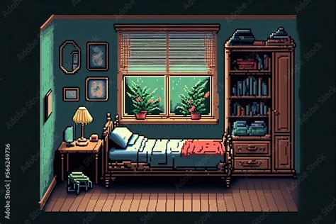 Pixel art bedroom with antique decor, bed, chest of drawers, wardrobe ...