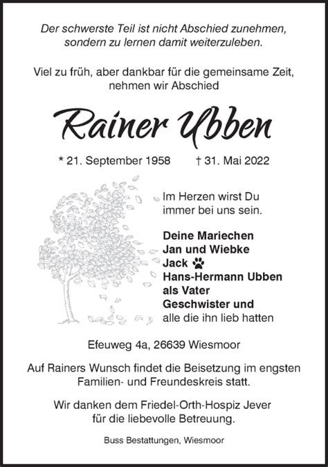 Traueranzeigen Von Rainer Ubben Nordwest Trauer De