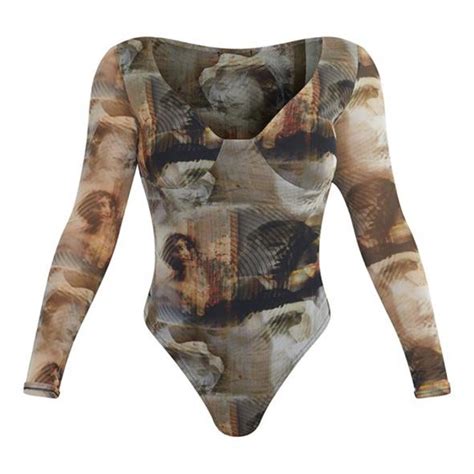 Nude Mesh Abstract Renaissance Print Cup Detail Long Depop