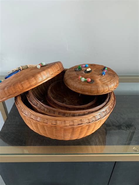 Peking Chinese Baskets Round Sewing Baskets With Lids 3 Etsy