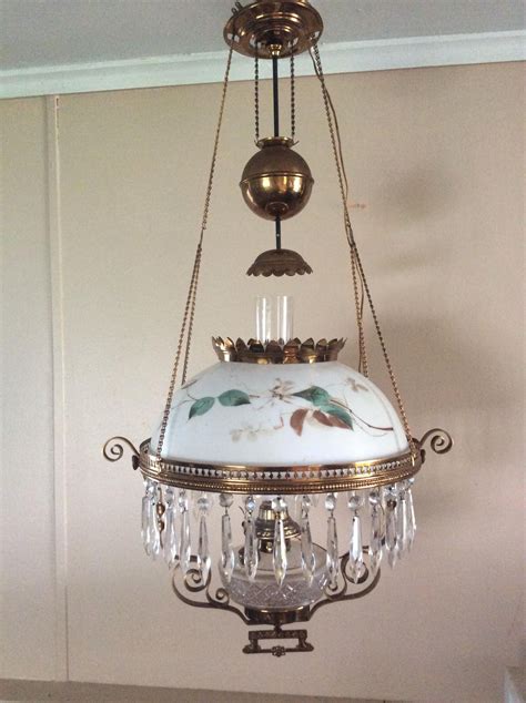 antique hanging kerosene lamp  crystals working adjustable