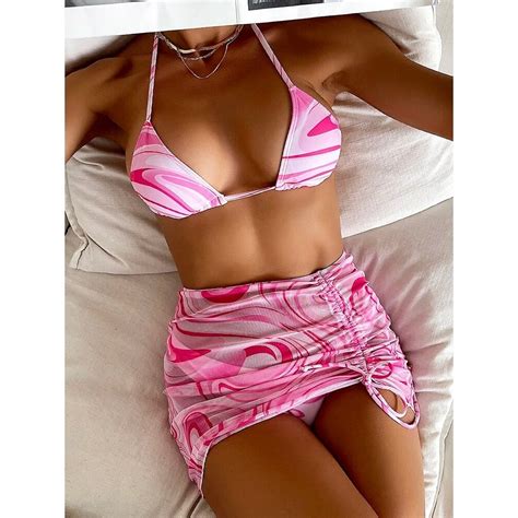 Jual PREORDER 3 Pieces Bikini Set With Skirt Tie Dye String Thong Bathing Suit Women Swimsuit