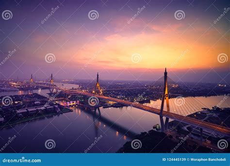 Beautiful Bridge And River Landscapes Bird`s Eye View During Sunset