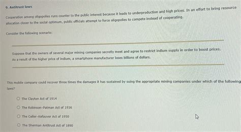 Solved Antitrust Lawscooperation Among Oligopolies Runs Chegg