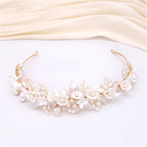 Oriamour Gold Bridal Headbands Wedding Headpieces With Ceramic Flowers