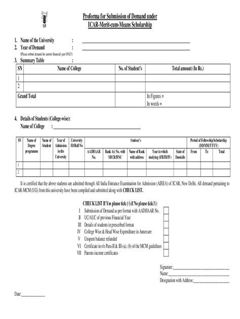 Fillable Online Icar Org Proforma For Submission Of Demand Under Icar