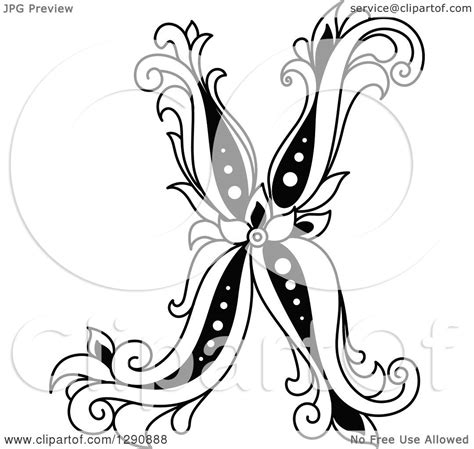 Clipart of a Black and White Vintage Floral Capital Letter X - Royalty ...