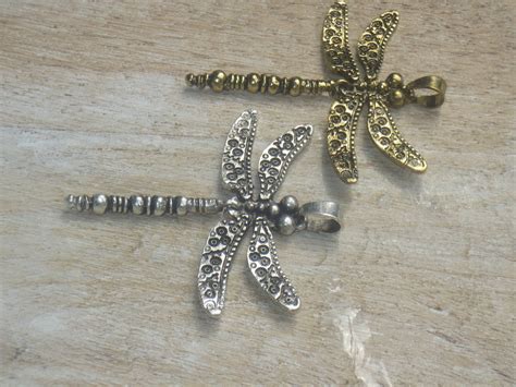 Antique Brass Or Silver Large Dragonfly Pendant Swinging Body Insect