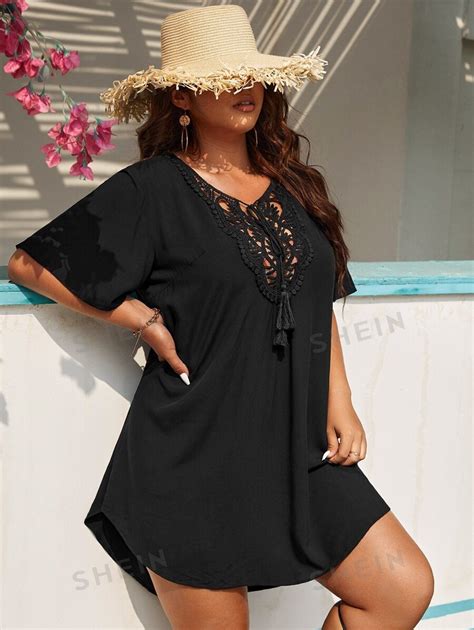 Shein Swim Curve Summer Beach Plus Contrast Guipure Lace Butterfly